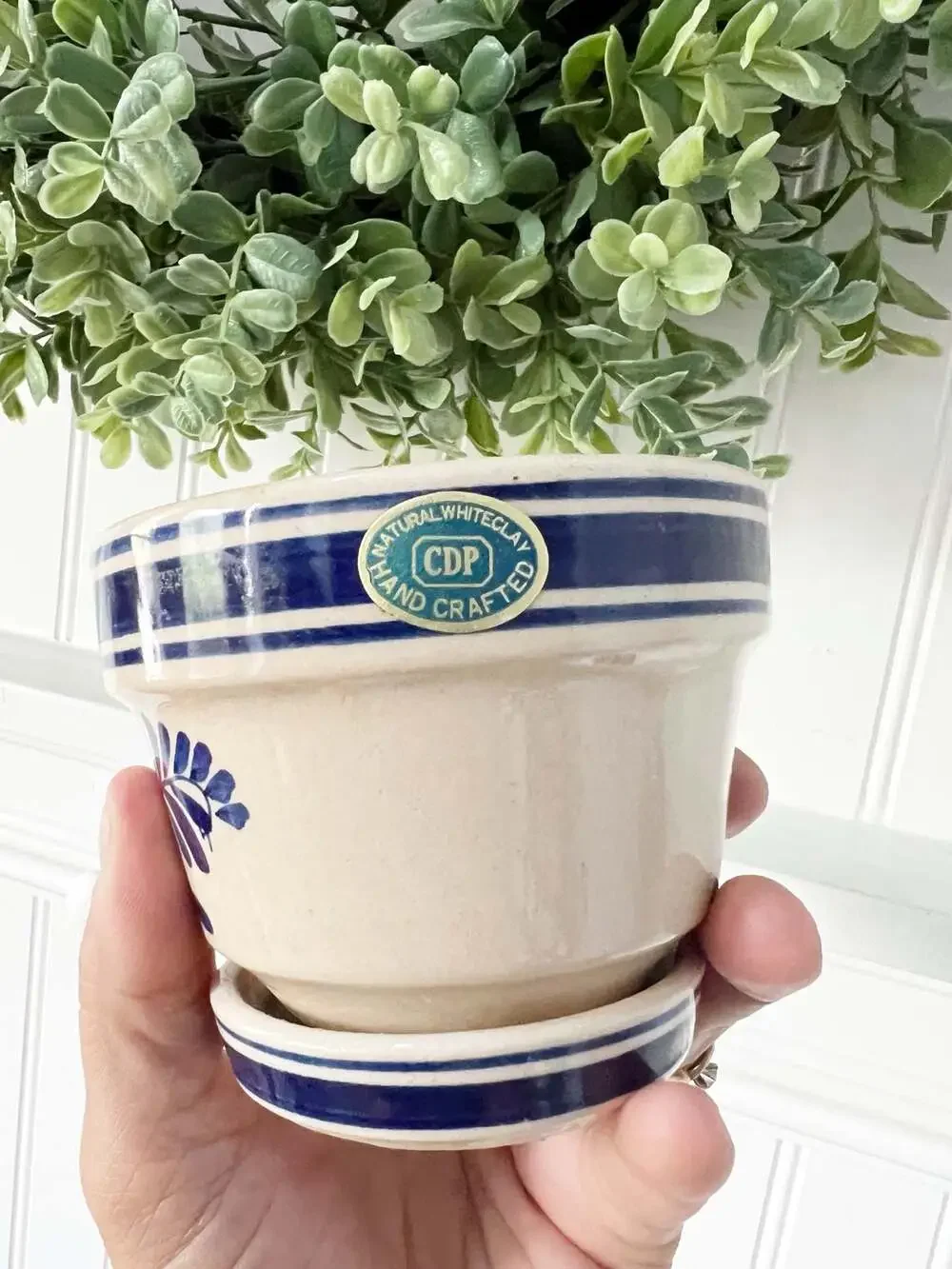Vintage Floral Blue and White Floral Planter with Saucer